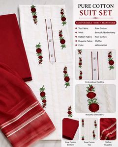 Pure Cotton Suit Set - White & Red