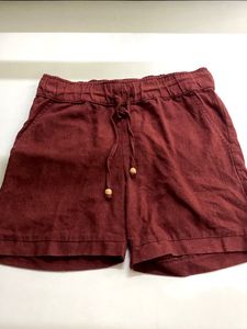 Maroon Linen Blend Drawstring Shorts