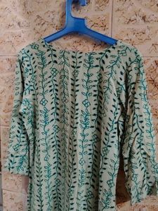Cream &amp; Green printed mirror work Floral Kurta .
