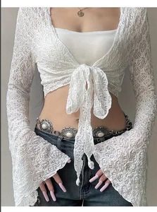 Sheer Lace Tie-Front Crop Top