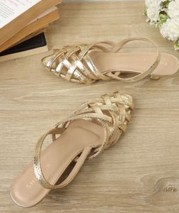 Elegant Gold Woven Kitten Heels
