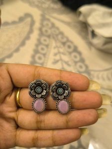 Oxidized Flower Earrings with Pink Stone