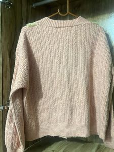 Pink Knit Cardigan with Lace Detail