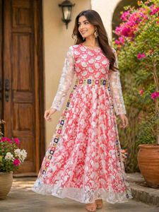 Beautiful Pink Printed Naira Cut Anarkali Gown