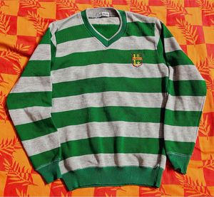 Green &amp; Grey Striped V-Neck Sweater