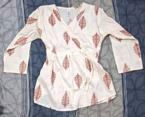 White Printed Short Kurti with Adjustable Waist Ti