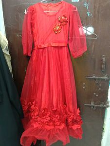 Stunning Red Net Gown with Floral Embellishments
