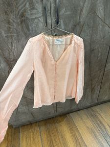 Elegant Peach Puff Sleeve Button-Up Blouse