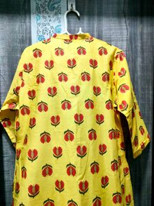 Bright Yellow Kurta with Red Floral Print