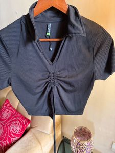 Black tie Ruched Collared Top