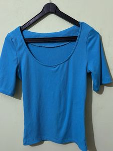 Blue Ribbed Scoop Neck Top