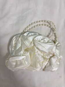 Elegant White Satin Pearl Handle Clutch