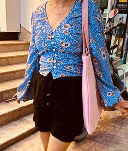 Blue Floral Button-Up Blouse