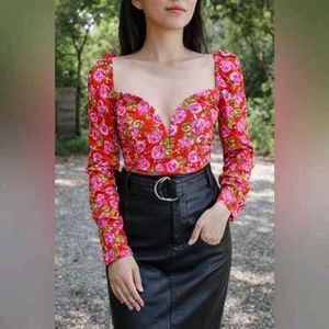 🌸 ZARA Floral Corset Style Crop Top – XS