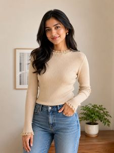 Ribbed Knit Top with Lace Trim