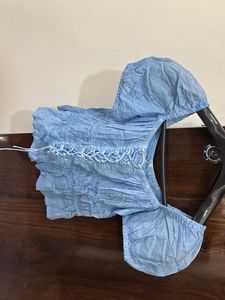 Blue Puff Sleeve Lace-Up Crop Top