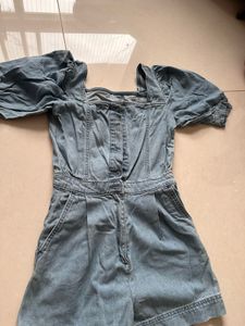 Denim Jumpsuit with Puff Sleeves