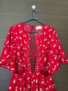 Red Floral Crochet Cut-Out Mini Romper Dress