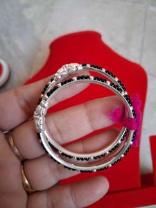 Elegant Silver Bangles with Black Beads