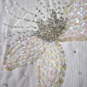 White Embellished  Top &amp; Navy Blue Flare