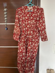Rust Floral Print Kurta with matching pants
