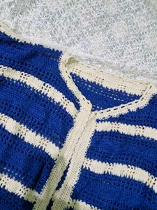 Blue &amp; White Striped Crochet Cardigan
