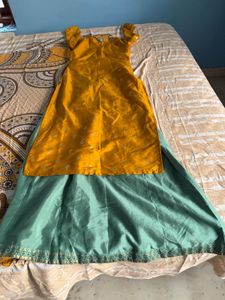 Elegant Yellow Kurta with Teal Skirt Set