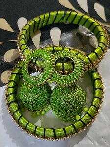 Combo Of Beautiful Green Bangles And Earrings