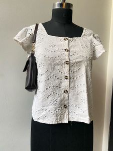 White Eyelet Buttoned Top