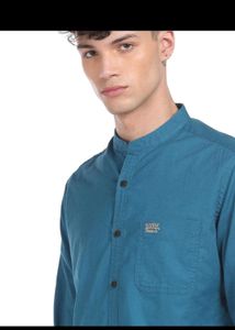 Men's Teal Band Collar Shirt