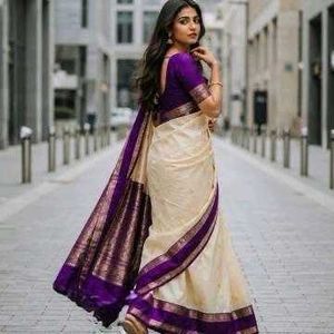 Elegant Cream &amp; Purple Silk Saree