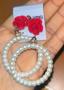 Red Rose Pearl Hoop Earrings