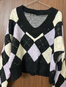 Argyle Pattern V-Neck crop Sweater