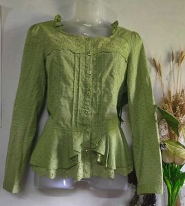 Green Peplum Blouse with Eyelet Detail