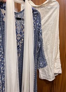 Blue &amp; White Printed Kurta Set with Dupatta