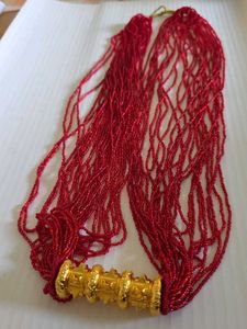 Red Beaded Necklace with Gold Accent
