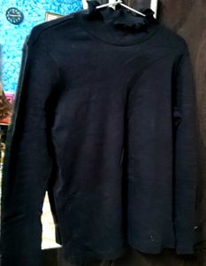 Navy Blue Turtleneck Top with Ruffle Neck