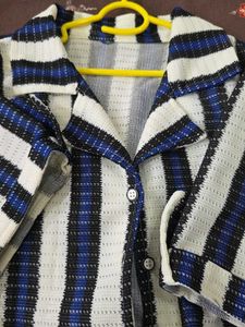 Striped Short Sleeve Button-Up Blouse