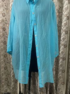 Sheer Blue Collared Button-Up Top