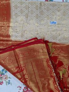 Cream & Red Brocade Saree