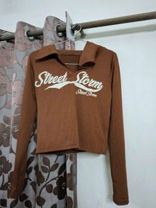 Brown "Street Storm" Collared Crop Top