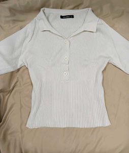 White Ribbed Collared Top with Buttons