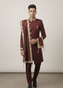 Maroon Embroidered Sherwani Set