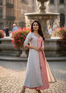 Elegant Pink &amp; Gray Anarkali Suit