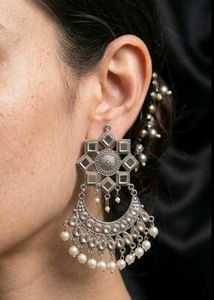 Oxidized Silver Mirror Jhumka Earrings