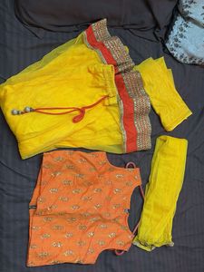Orange Embroidered Blouse &amp; Yellow Lehenga set