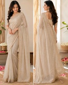 Elegant Beige Saree with Golden Dots