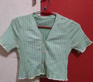 Mint Green Button-Up Knit Top