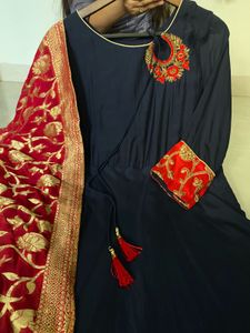 Elegant Navy Blue Gown with Brocade Dupatta