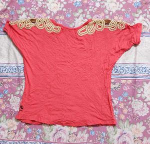 Coral Top with Crochet Detail